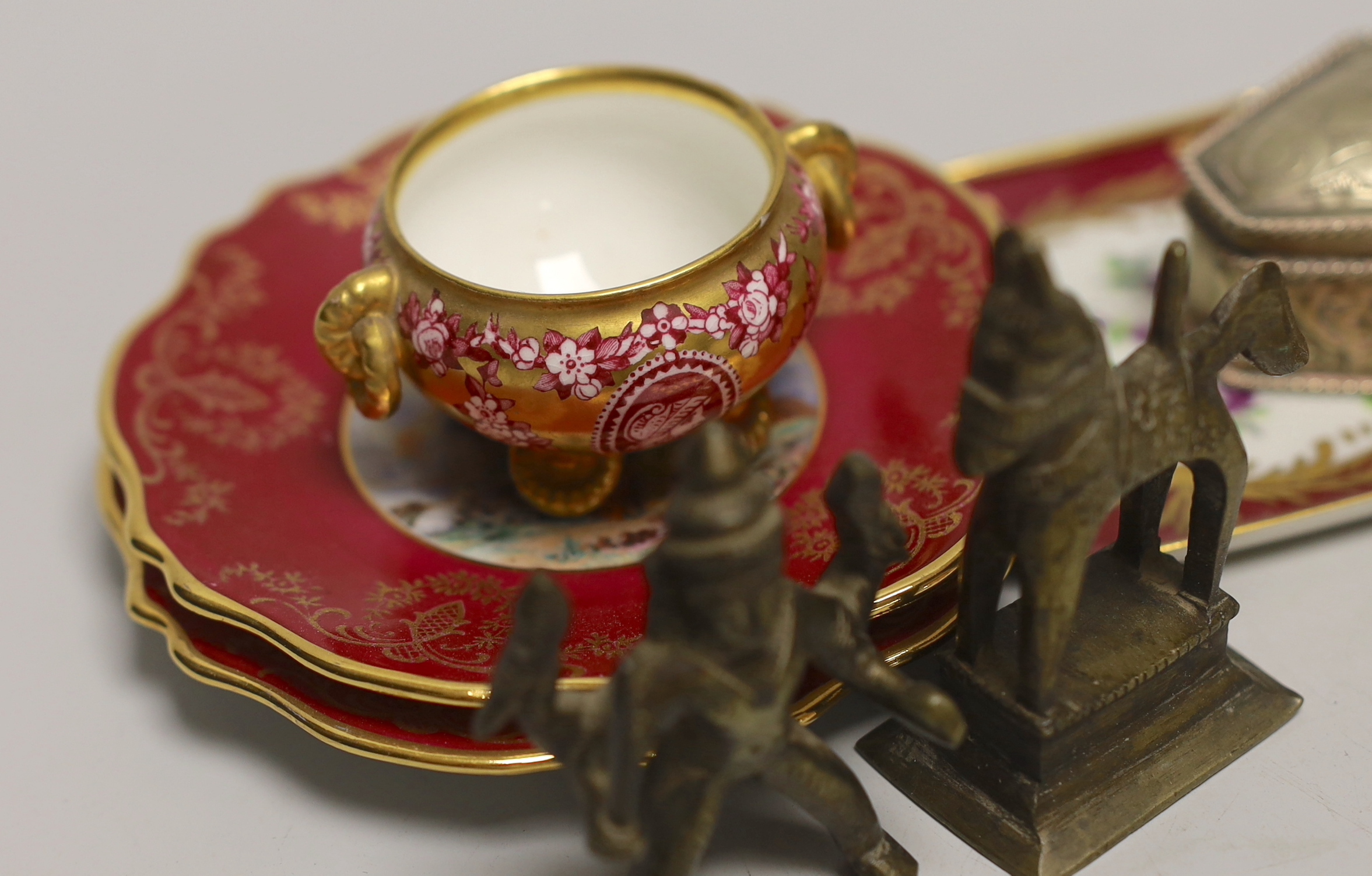 A 19th century enamel box, a Limoges pin tray and two miniature plates etc